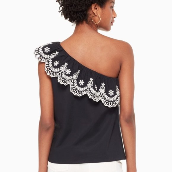New KATE SPADE One Off Shoulder Eyelet Ruffle Blouse Top Cotton Black White Sz S - Picture 3 of 15